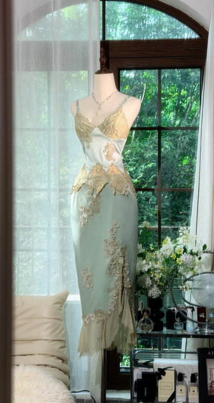 Chic Straps Sheath Satin Long Evening Dress Green  Prom Dress DP06111