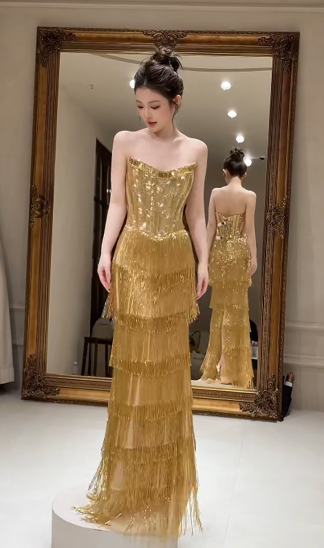 Chic Strapless Sheath Metallic Satin Long Evening Dress Gold Prom Dress DP06114