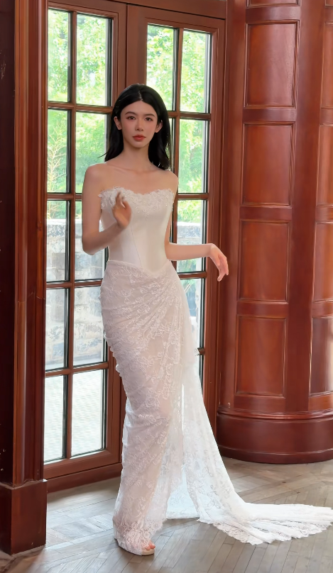 Modest Strapless White Wedding Dress Satin Bridal Dress Sheath Bridal Gown DP06117