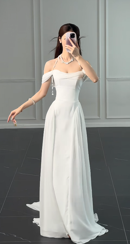 Modest Off-shoulder White Wedding Dress Chiffon Bridal Dress Sheath Bridal Gown DP06118