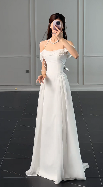 Modest Off-shoulder White Wedding Dress Chiffon Bridal Dress Sheath Bridal Gown DP06118