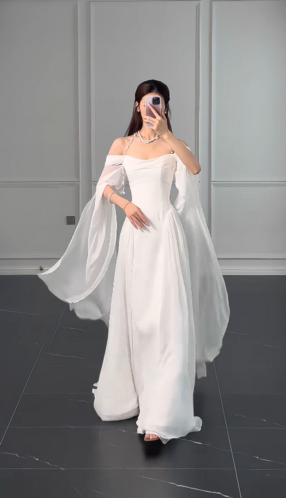 Modest Off-shoulder White Wedding Dress Chiffon Bridal Dress Sheath Bridal Gown DP06118