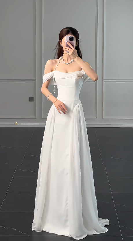 Modest Off-shoulder White Wedding Dress Chiffon Bridal Dress Sheath Bridal Gown DP06118