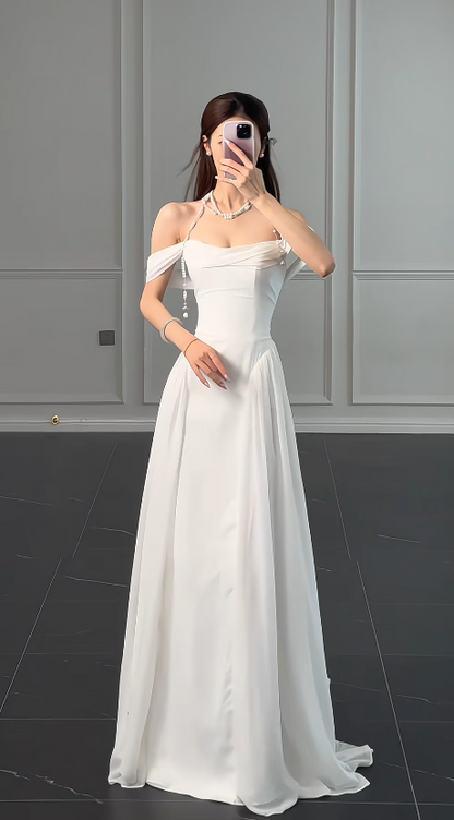 Modest Off-shoulder White Wedding Dress Chiffon Bridal Dress Sheath Bridal Gown DP06118