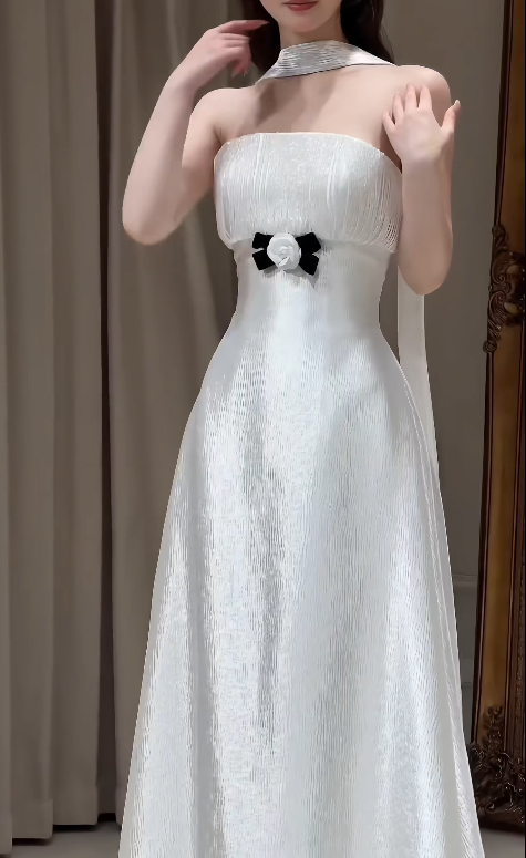 Modest Strapless White Wedding Dress Satin Bridal Dress A-Line Bridal Gown DP06119