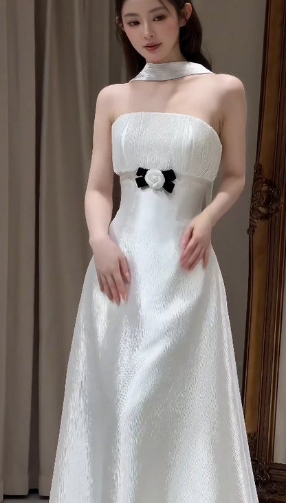 Modest Strapless White Wedding Dress Satin Bridal Dress A-Line Bridal Gown DP06119