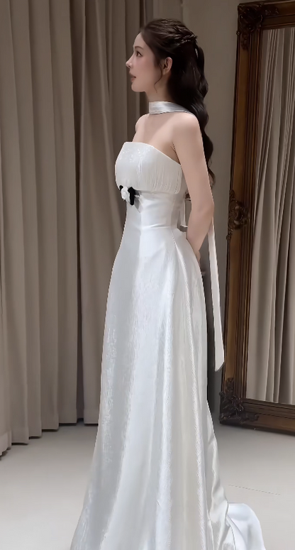 Modest Strapless White Wedding Dress Satin Bridal Dress A-Line Bridal Gown DP06119