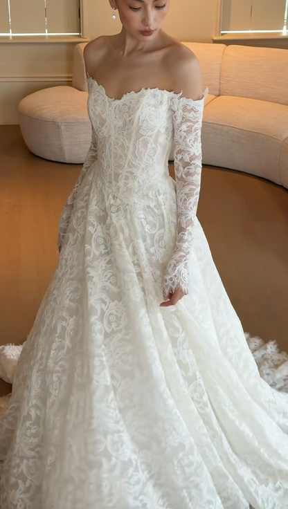 Modest Off-shoulder White Wedding Dress Lace Bridal Dress A-Line Bridal Gown DP06120
