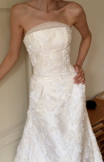 Modest Strapless White Wedding Dress Lace Beaded Bridal Dress Sheath Bridal Gown DP06122