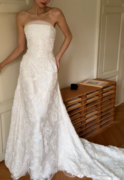 Modest Strapless White Wedding Dress Lace Beaded Bridal Dress Sheath Bridal Gown DP06122