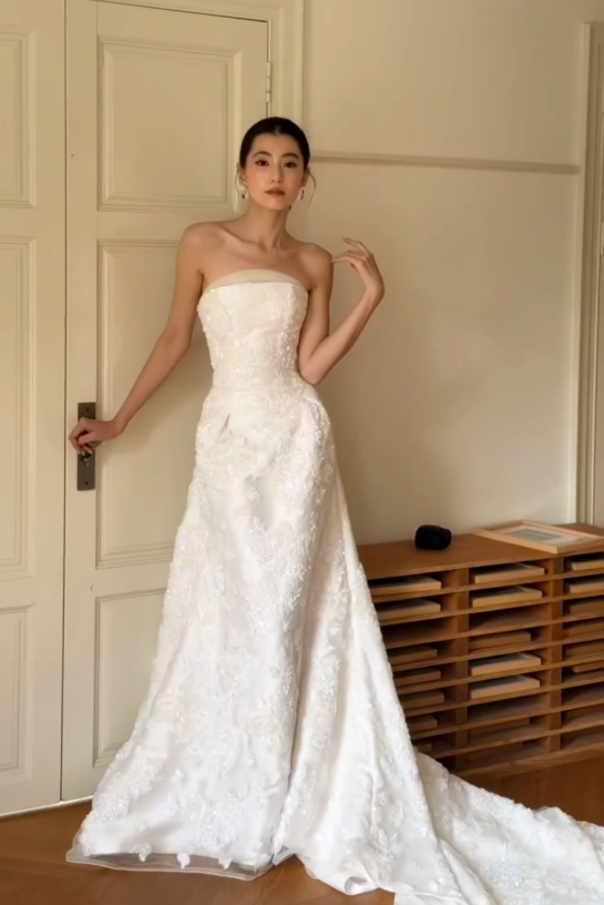 Modest Strapless White Wedding Dress Lace Beaded Bridal Dress Sheath Bridal Gown DP06122