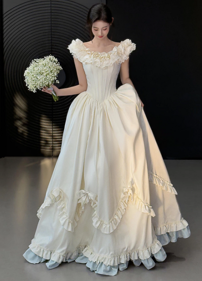 Modest Off-shoulder White Wedding Dress Satin Bridal Dress A-Line Bridal Gown DP06123
