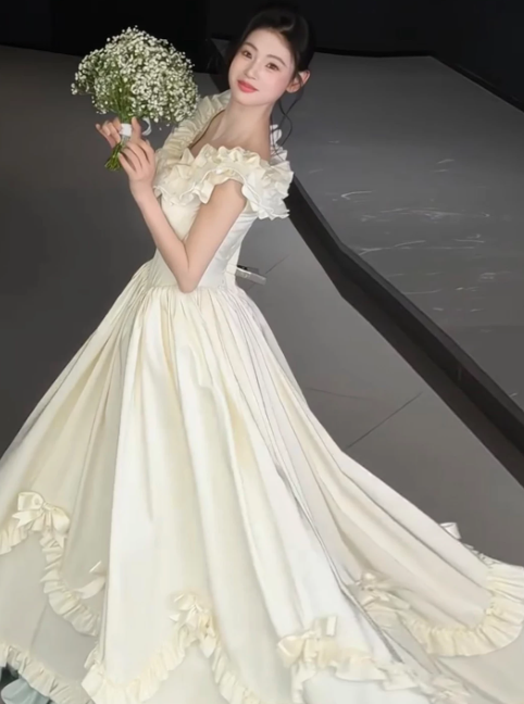 Modest Off-shoulder White Wedding Dress Satin Bridal Dress A-Line Bridal Gown DP06123