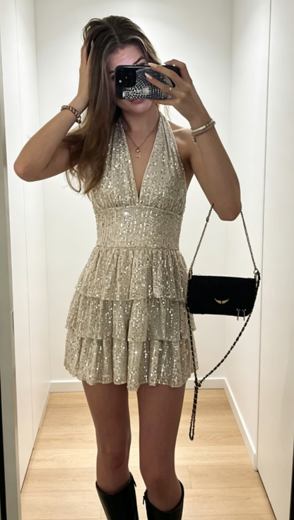 Fashion Halter Birthday Dress Tulle Sequins Sheath Party Dress Gold Hoco Dress DP06129