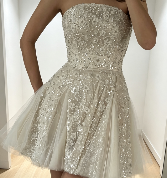 Fashion Strapless Birthday Dress Tulle Sequins A-Line Party Dress White Hoco Dress DP06130