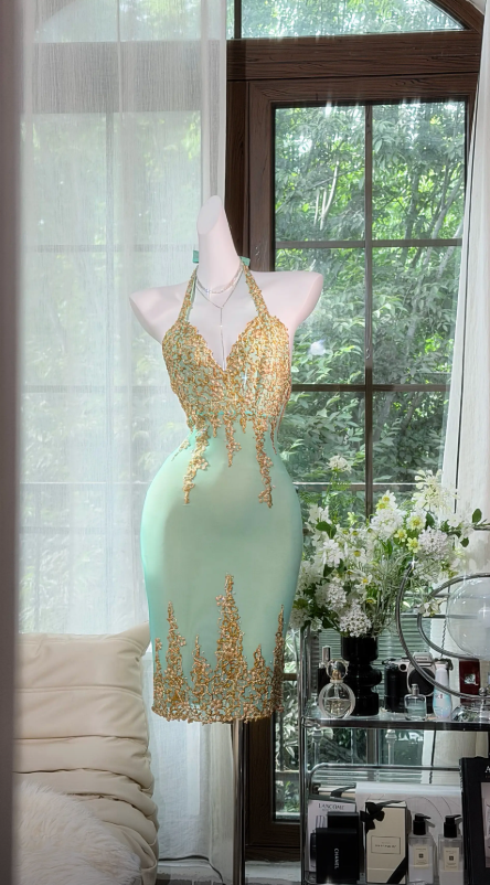 Chic Halter Birthday Dress Chiffon Sheath Party Dress Green Hoco Dress DP06131