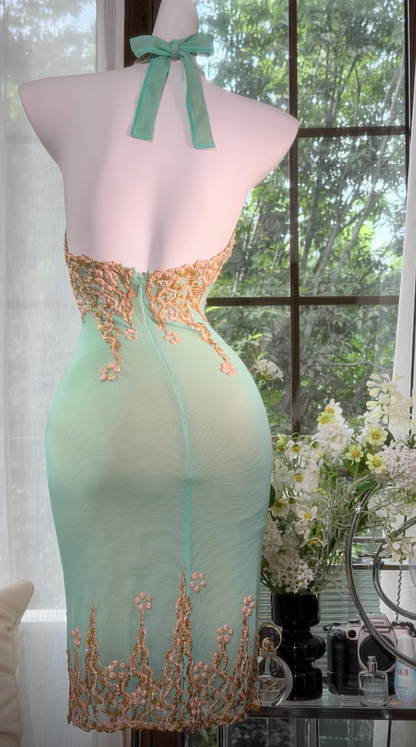 Chic Halter Birthday Dress Chiffon Sheath Party Dress Green Hoco Dress DP06131