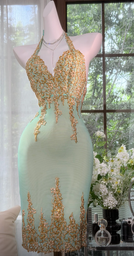 Chic Halter Birthday Dress Chiffon Sheath Party Dress Green Hoco Dress DP06131