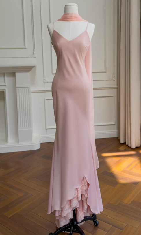 Elegant Pink Long Evening Dress Chiffon Sheath Formal Dress DP06133