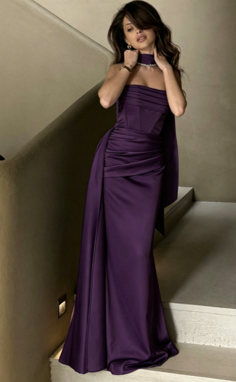 Elegant Deep Purple Long Evening Dress Satin Sheath Formal Dress DP06135