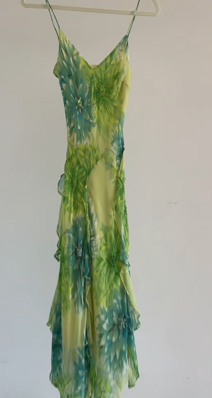 Elegant Green Long Evening Dress Chiffon Floral Sheath Formal Dress DP06136