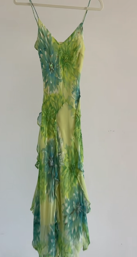 Elegant Green Long Evening Dress Chiffon Floral Sheath Formal Dress DP06136