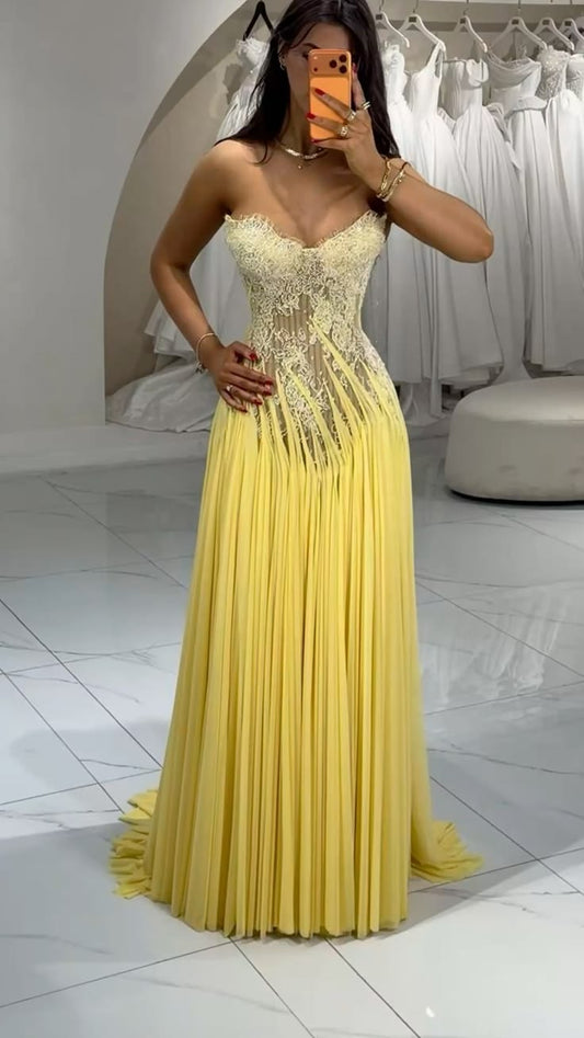 Simple Yellow Long Evening Dress Chiffon Appliques Sheath Formal Dress DP06142