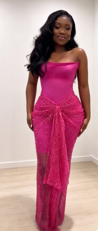 Chic Hot Pink Long Evening Dress Satin Tulle Sheath Formal Dress DP06143