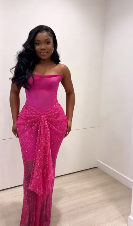 Chic Hot Pink Long Evening Dress Satin Tulle Sheath Formal Dress DP06143