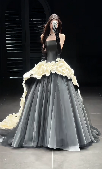 Chic Black Long Evening Dress Satin A-line Formal Dress DP06147