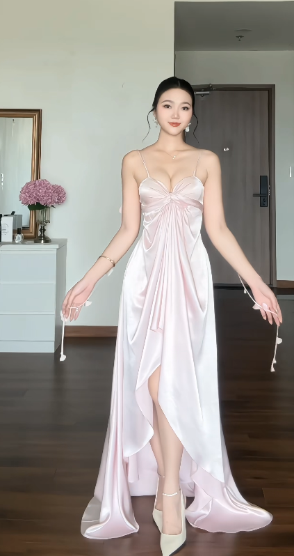 Chic Pink Long Evening Dress Satin Sheath Weddig Guets Dress DP06148