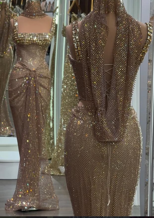 Chic Gold Long Evening Dress Chiffon Beaded Sheath Formal Dress DP06149