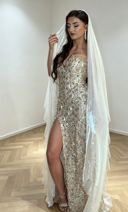 Chic Chamapagne Long Evening Dress Tulle Beaded Sheath Formal Dress DP06150
