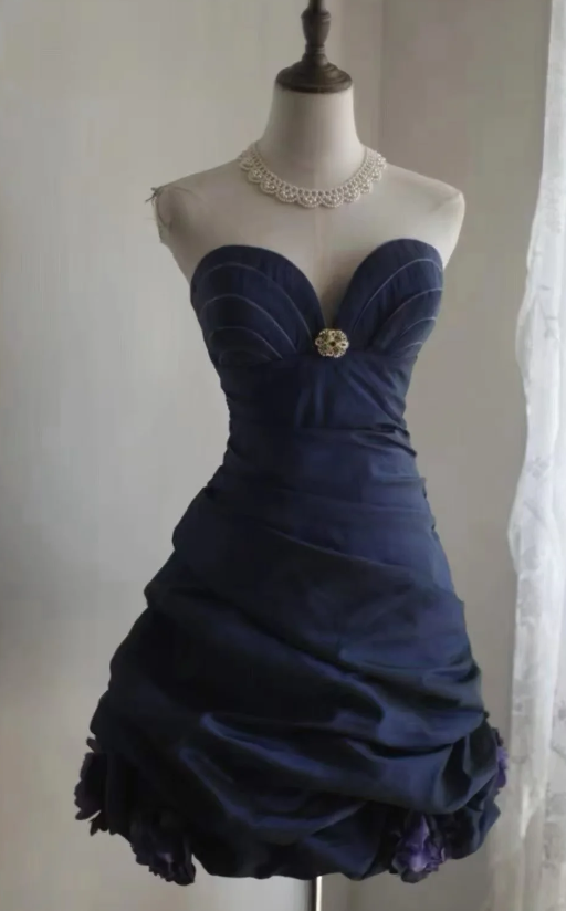 Fashion Navy Blue Hoco Dress Strapless Satin Dress for Party Sheath Birthday Dress  DP06153