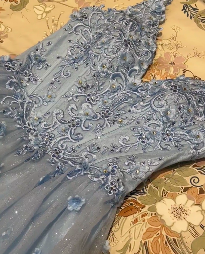 Chic Blue Hoco Dress Appplique Tulle Dress for Party Dress A-Line Birthday Dress DP06156