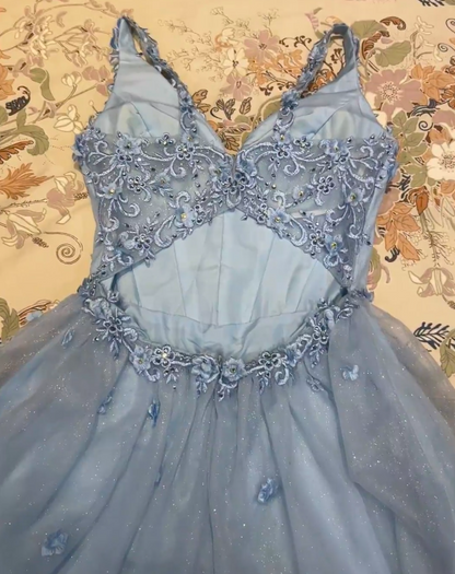 Chic Blue Hoco Dress Appplique Tulle Dress for Party Dress A-Line Birthday Dress DP06156