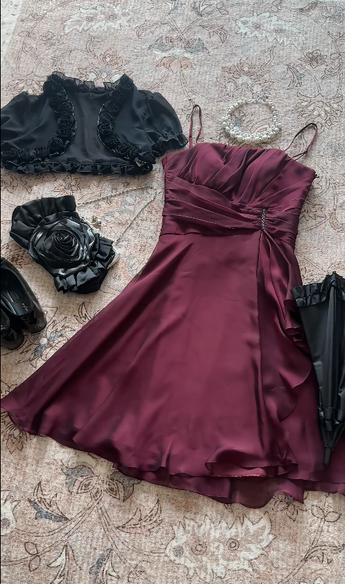 Chic Burgundy Hoco Dress Satin Dress for Party Dress A-Line Birthday Dress DP06157