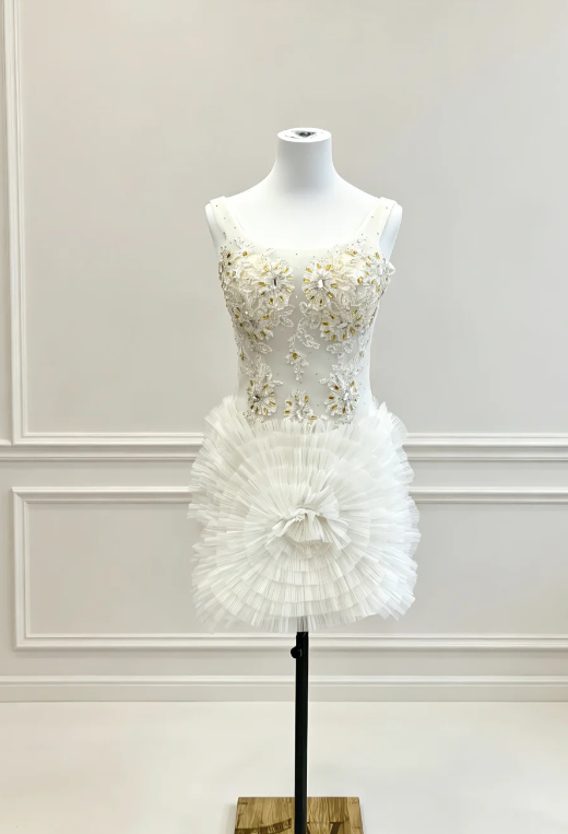 Chic White Hoco Dress Beaded Tulle Dress for Party Dress Sheath Birthday Dress DP06158