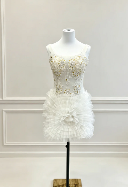 Chic White Hoco Dress Beaded Tulle Dress for Party Dress Sheath Birthday Dress DP06158