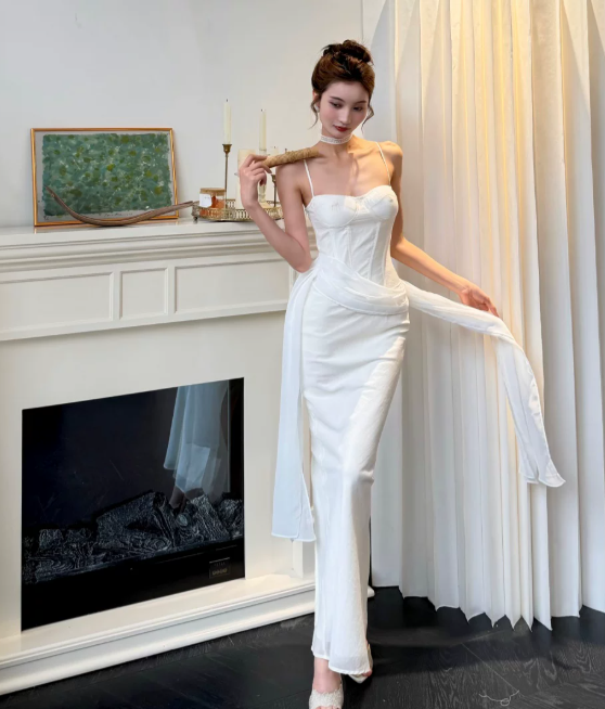 Chic White Formal Dress Spaghetti Straps Bodycon Dress for Party Chiffon Evening Dress DP06167