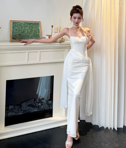 Chic White Formal Dress Spaghetti Straps Bodycon Dress for Party Chiffon Evening Dress DP06167