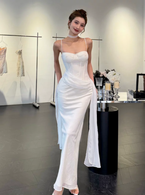 Chic White Formal Dress Spaghetti Straps Bodycon Dress for Party Chiffon Evening Dress DP06167