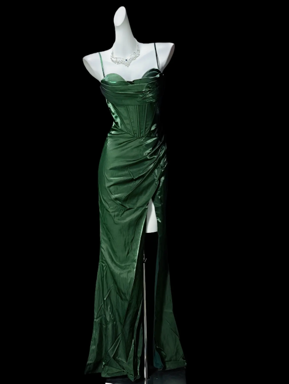 Chic Dark Green Formal Dress Spaghetti Straps Sheath Dress for Party Satin Evening Dress with Slit DP06168