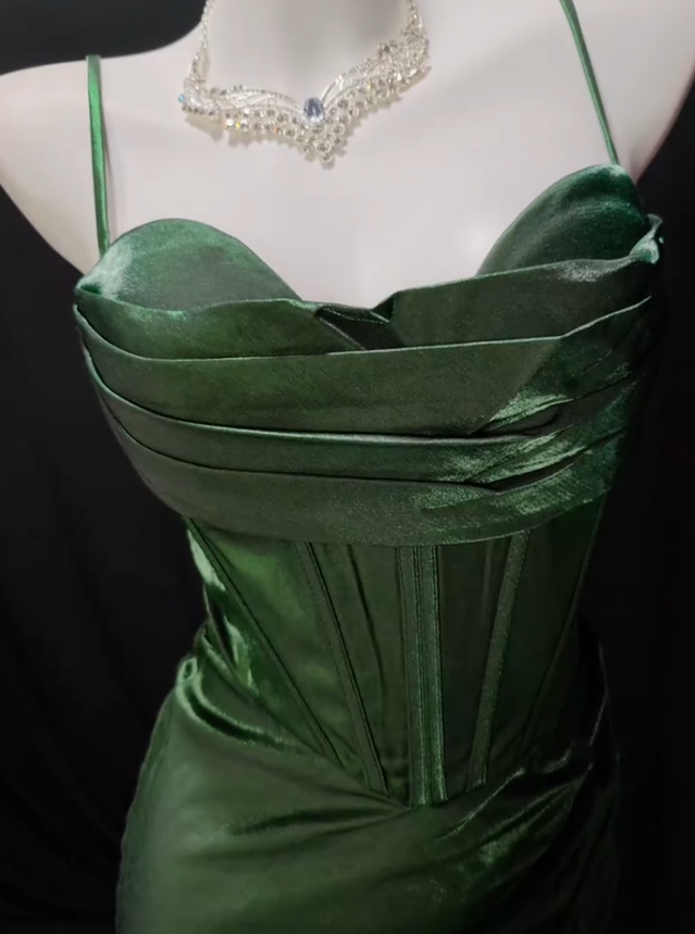 Chic Dark Green Formal Dress Spaghetti Straps Sheath Dress for Party Satin Evening Dress with Slit DP06168