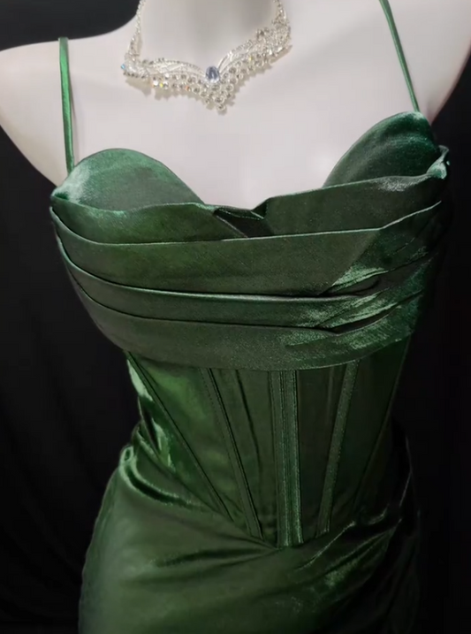 Chic Dark Green Formal Dress Spaghetti Straps Sheath Dress for Party Satin Evening Dress with Slit DP06168
