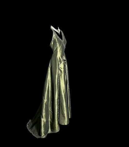 Chic Green Formal Dress V-neck Sheath Dress for Party Satin Evening Dress DP06169