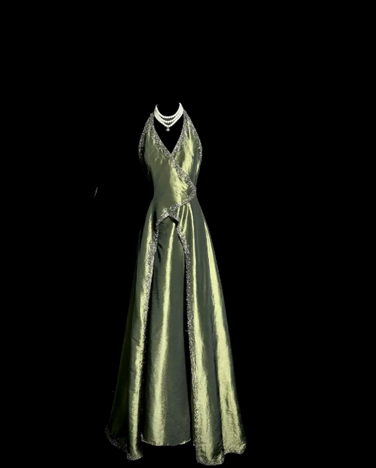 Chic Green Formal Dress V-neck Sheath Dress for Party Satin Evening Dress DP06169