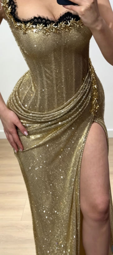 Chic Gold Formal Dress Spaghetti Straps Sheath Dress for Party Tulle Evening Dress DP06170
