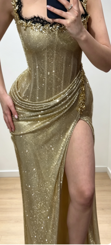 Chic Gold Formal Dress Spaghetti Straps Sheath Dress for Party Tulle Evening Dress DP06170