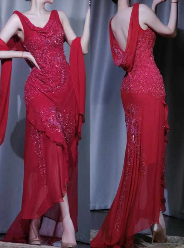 Vintage Red Formal Dress Spaghetti Straps Sheath Dress for Party Beaded Chiffon Evening Dress DP06171